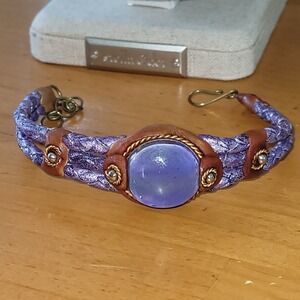 Vintage AP Purple Braided Leather Glass Cabochon Bracelet Artisan Signed